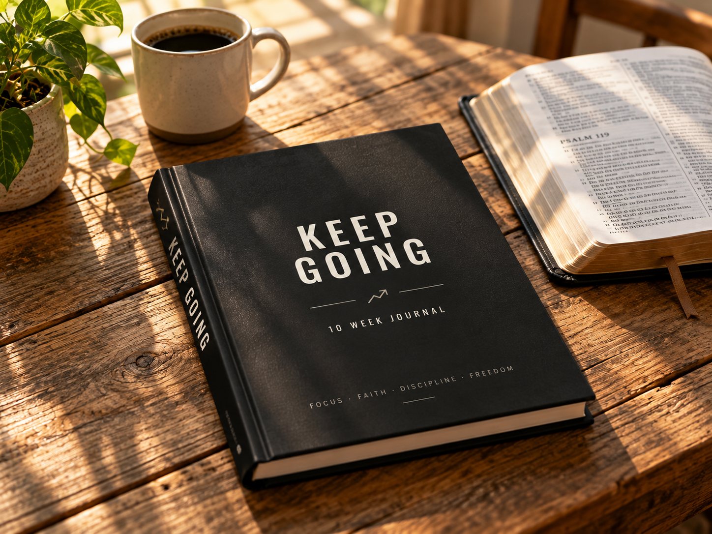 The Keep Going journal on a wooden table beside a Bible and a cup of coffee