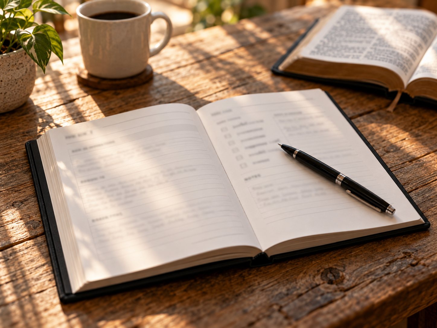 The Keep Going journal open on a wooden table with a pen resting on the pages